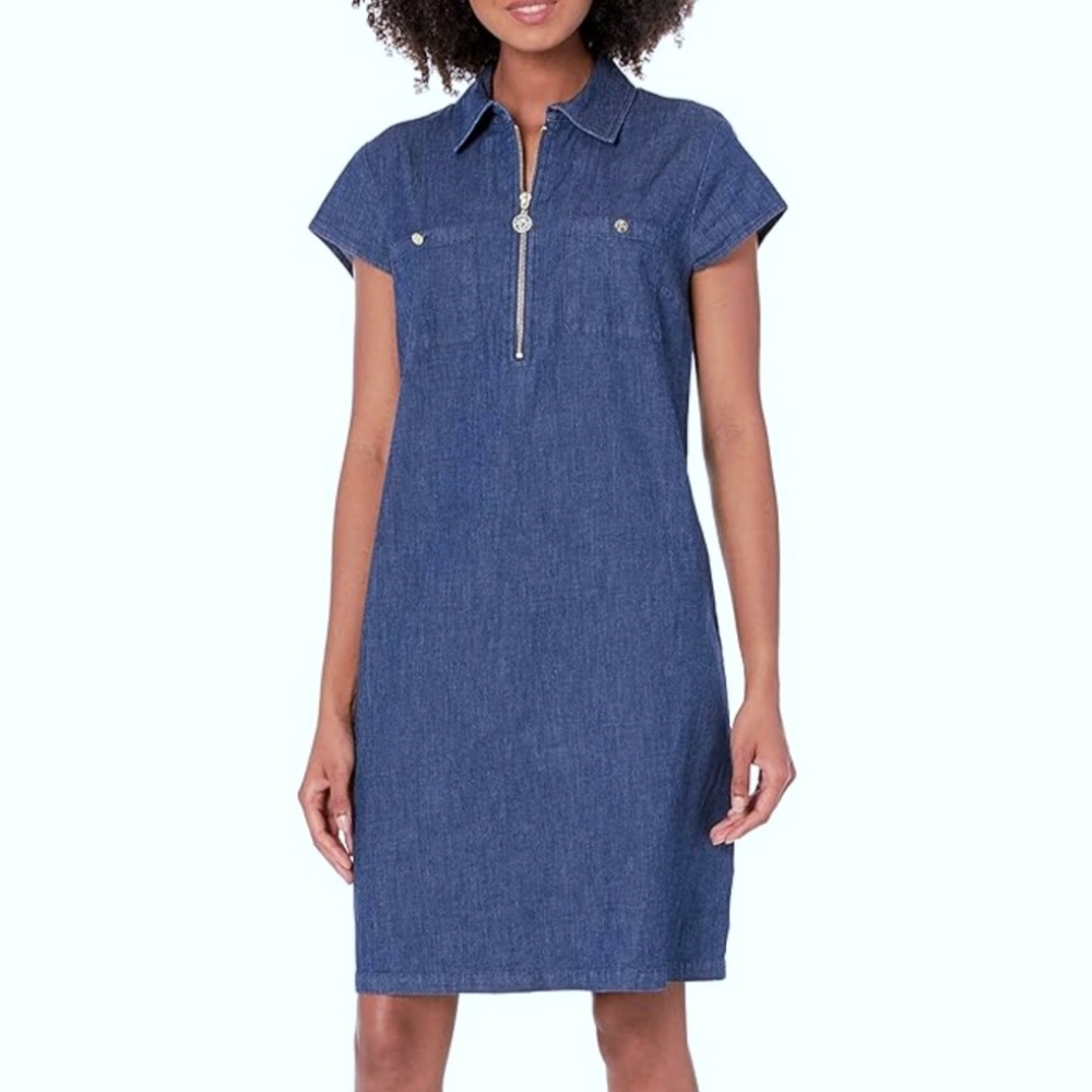 Anne Klein Marcella Denim Chambray Stretch Shift Dress Women's Sz 10 Blue